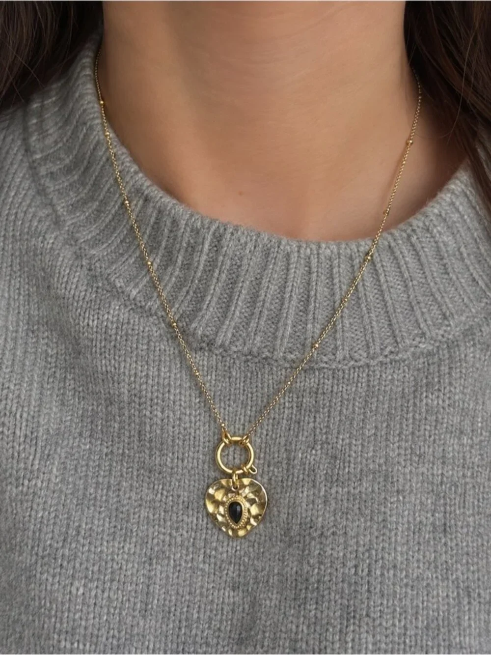 Gold plated Heart Pendant Necklace with Black Teardrop Accent